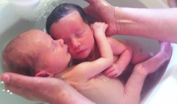雙胞胎出生後第一次洗澡，依然緊緊相依3