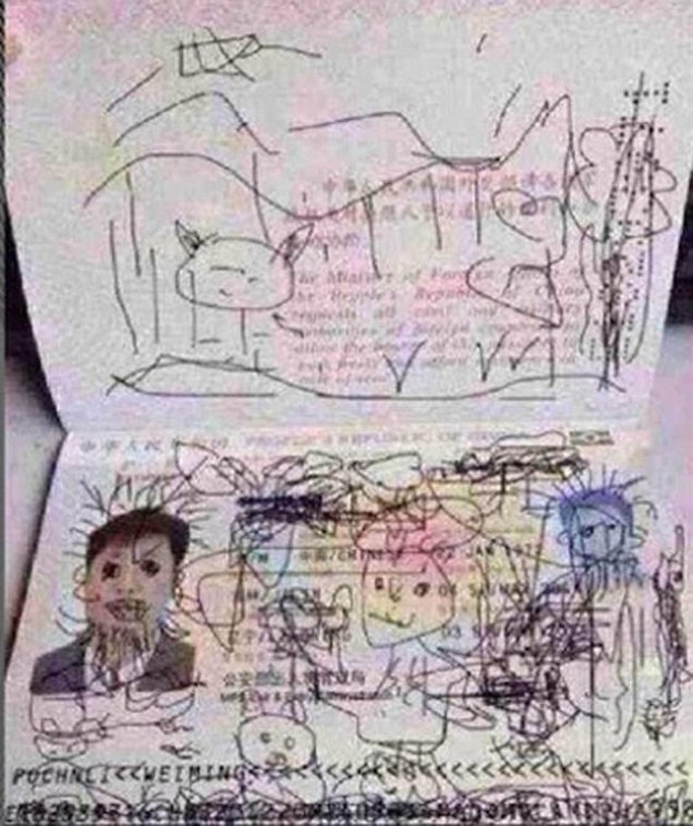 Child draws on dad's passport . credit the family please